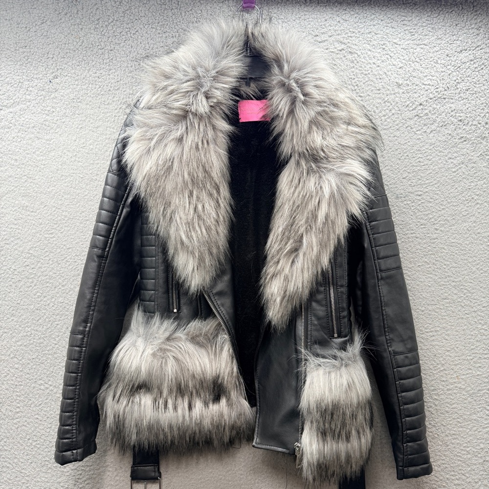 Azalea Wang Empire Bonded Faux Leather Fur Moto Long Sleeve Bomber Jacket Size L - Picture 12 of 13